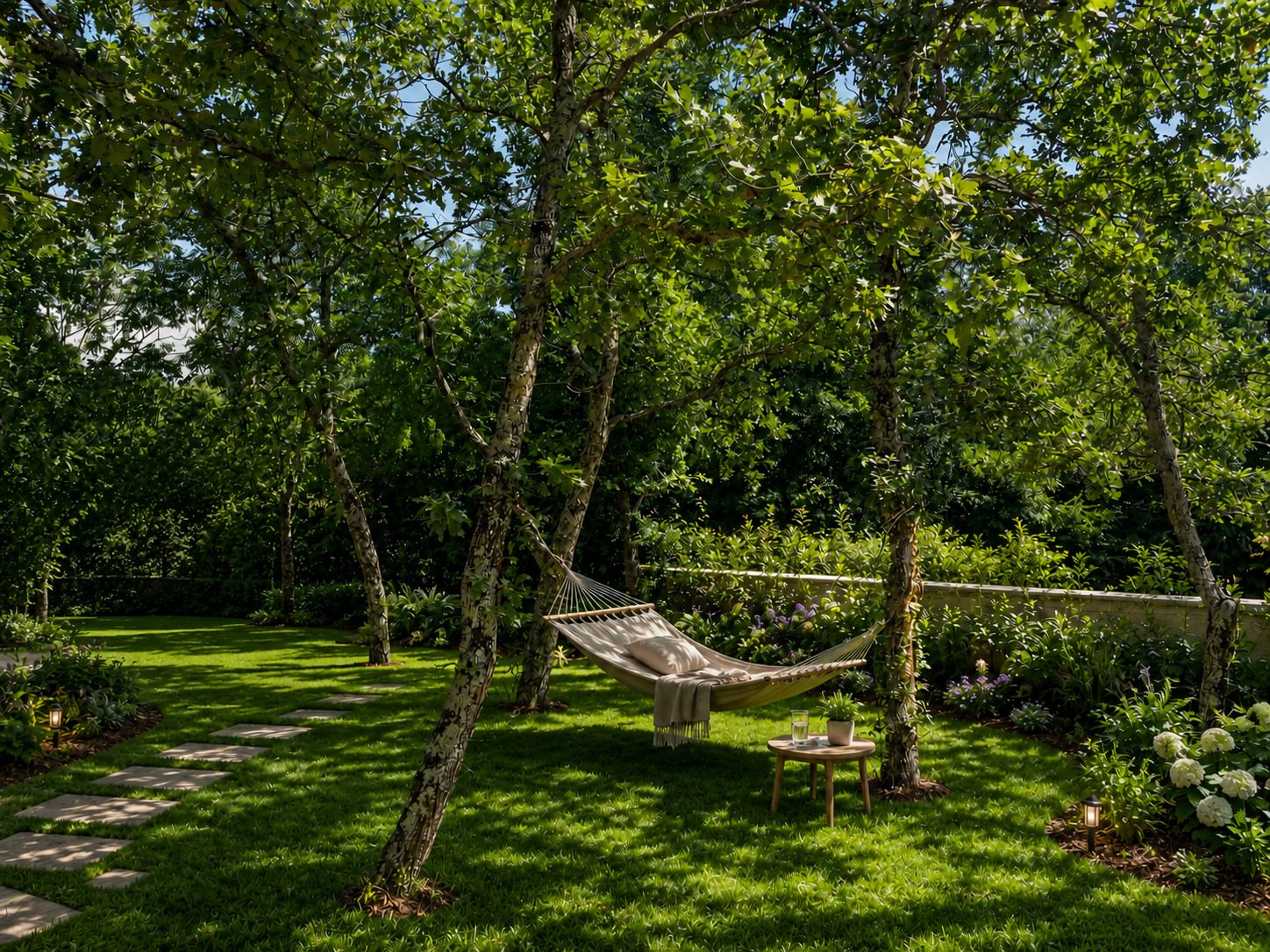 Spacious garden at Villa VinoSelo with mature trees