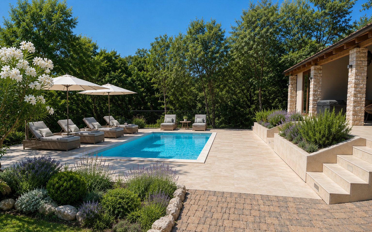 Pool at Villa VinoSelo with sun loungers and lavender