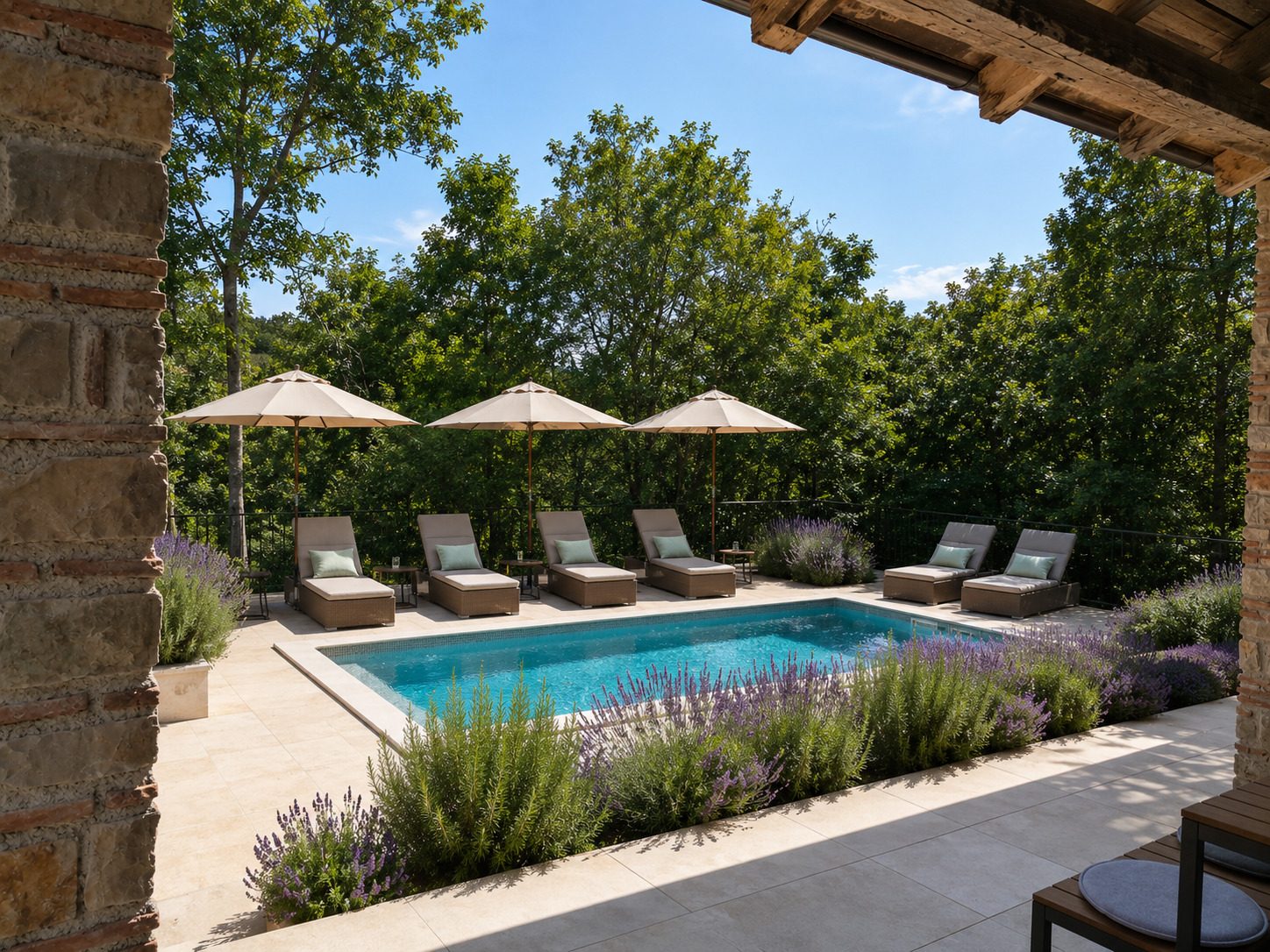 Sun loungers by the pool at Villa VinoSelo