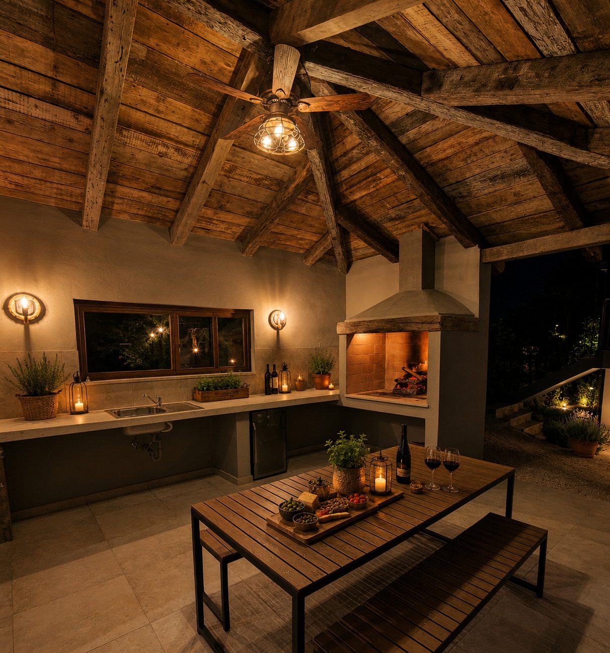 Covered summer kitchen with stone grill