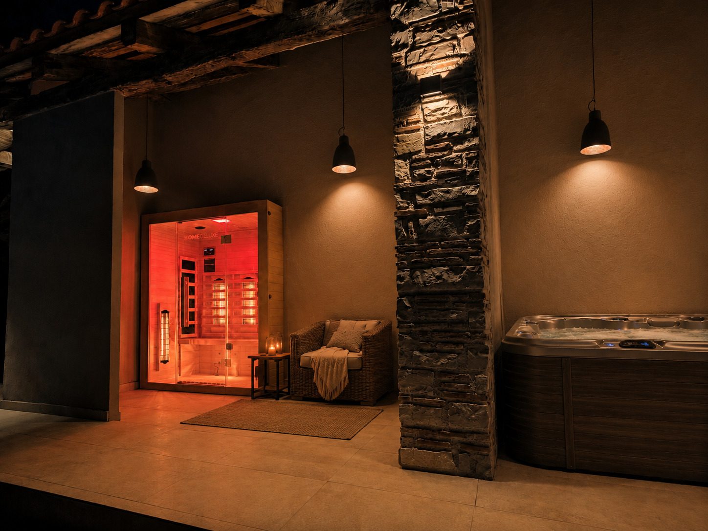 Sauna and whirlpool at Villa VinoSelo in the evening